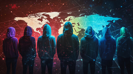 Obraz premium Hacker are planning to hack and attack networks and cyber security systems.team people innovation connection of line from nail node to node on map background , networking concept