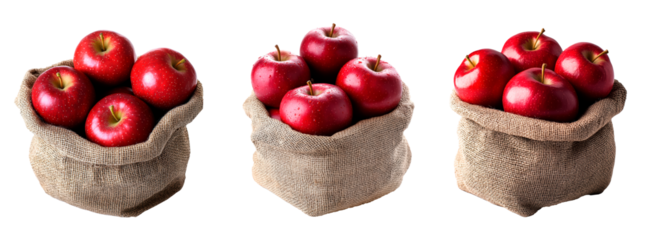 Set of fresh red apples in a burlap sack isolated on transparent background 
