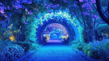 Magical blue garden path archway, night