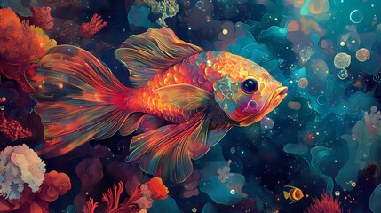 Naklejka premium Abstract fish in a universe of coral. Celestial Reef. Illustration
