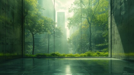 Urban sanctuary featuring a tranquil cityscape vista with a serene composition and sanctuary-like ambiance enriched by green tones and natural accents in high definition.