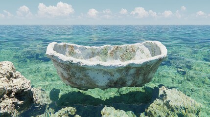 Stone bathtub floats ocean, coral reef background; serene spa ad