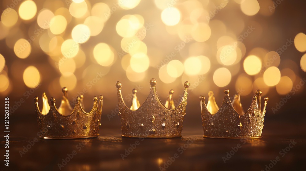 Poster three gold crowns on dark surface with bokeh background.