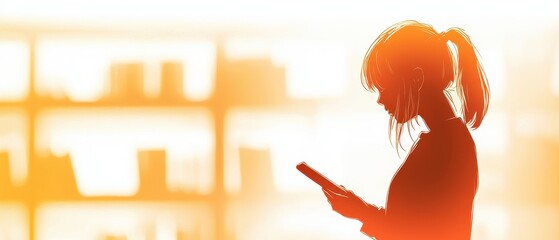 Silhouette of Young Woman using Smartphone in Library Setting with Warm Orange and Yellow Background