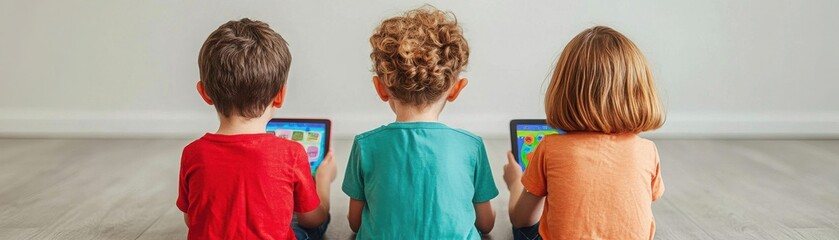 Fototapeta premium Three children engage with tablets, absorbed in digital worlds while seated on a wooden floor. A moment of modern technology.