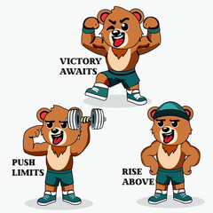 This illustration showcases three athletic bears in dynamic poses, symbolizing strength and determination. Each bear represents a motivational phrase: 