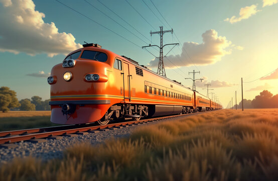 Vintage orange train speeding across countryside railway track at sunset. Fast train travel through golden fields at daylight. Elegant classic transport. Nostalgic journey. Scenic view. Passenger