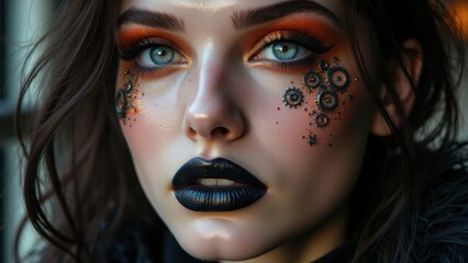 Steampunk experimental makeup featuring golden gear accents and bold black lips, artistic close-up.