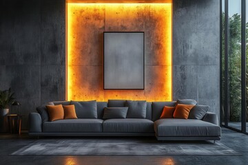 minimalist living room featuring a sleek sofa against a concrete wall illuminated by soft ambient light creating a serene and stylish atmosphere with a contemporary art piece framed nearby