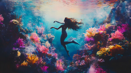 Dancing mermaid and colorful coral reef underwater paradise artistic illustration vibrant environment aesthetic perspective. Celestial Reef. Illustration