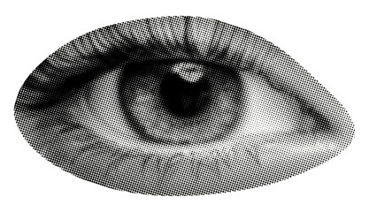 eye isolated retro grunge halftone dots texture vintage newspaper magazine style collage element for mixed media health beauty emotion vision design