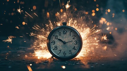 Vintage clock exploding with sparks, night celebration