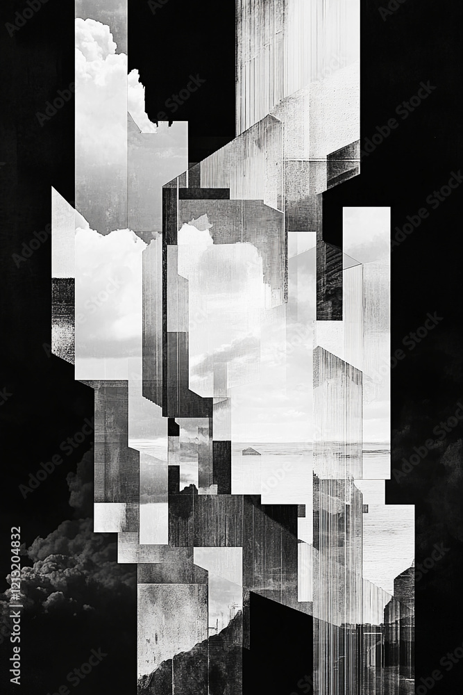 Poster abstract black and white geometric design with cloud and landscape elements
