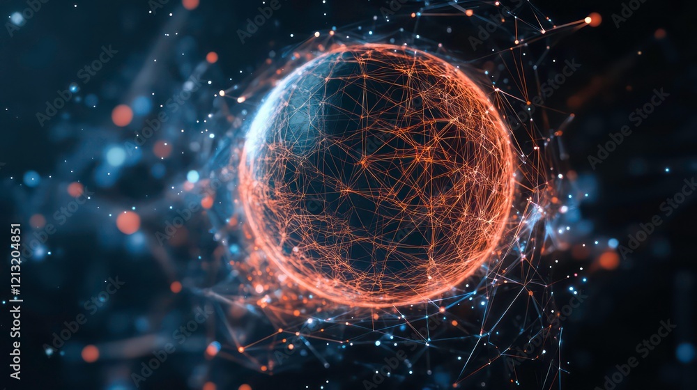 Poster Abstract glowing sphere with connecting lines and particles, representing global network or connection.