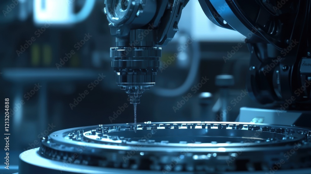 Aufkleber automated industrial robotic arm performing precise laser engraving on a circular metal part in a mo