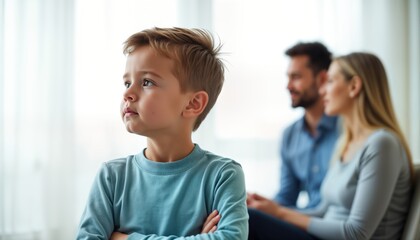 Child sits thoughtfully parents discuss co-parenting strategies. Family dynamic focuses on shared custody, rebuilding family relationships post divorce. Child appears attentive to conversation.