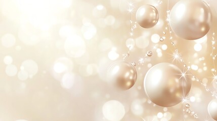 Elegant pearl ornaments, shimmering bokeh background. Festive, luxurious, and refined.