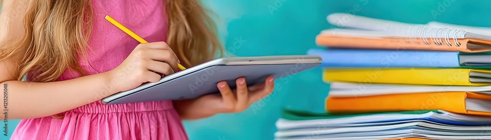 Poster creative child engaging with a stylus on a table home environment digital art activity focused learn