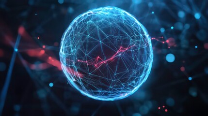 Naklejka premium Abstract glowing sphere with interconnected lines and nodes, representing global network or futuristic technology.