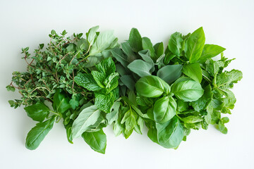 Crisp basil and mint leaves arranged organically on a bright white surface