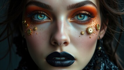 Fototapeta premium Intricate steampunk-inspired experimental makeup with golden gear details and bold artistic expression.