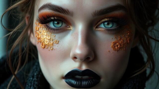 Creative experimental makeup with steampunk gold gears and bold black lips, dramatic close-up.