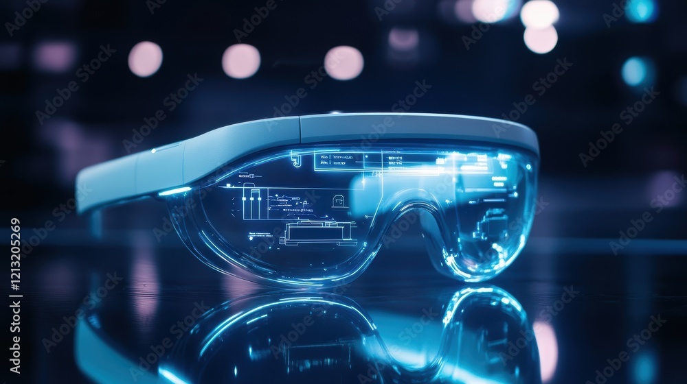 Poster futuristic smart glasses are displaying holographic architectural data, creating an immersive augmen