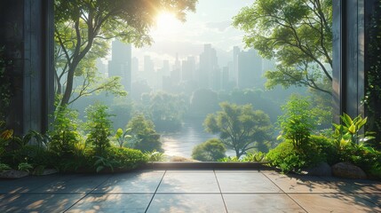 Urban sanctuary featuring a tranquil cityscape vista with a serene composition and sanctuary-like ambiance enriched by green tones and natural accents in high definition.