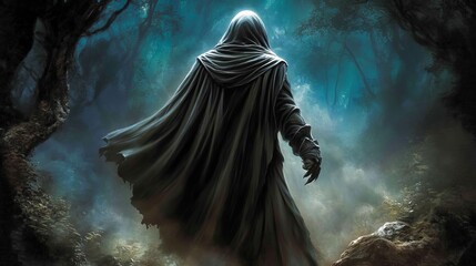 Obraz premium A figure veiled by a tattered cloak is positioned at the forest's boundary, their face hidden in shadow, radiating an aura of mystery and looming danger