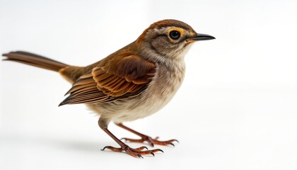 Fototapeta premium Detailed close-up photo of house wren. Bird positioned against white background. Full body view captures intricate feather details. Brown, gray feathers visible. Sharp focus on bird. Perfect for