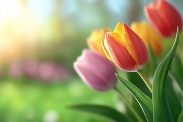 Naklejka premium Bouquet of three tulips with one pink, one red and one yellow