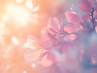 Obraz premium Soft, sunlit pink magnolia blossoms. Spring floral background. Delicate petals.