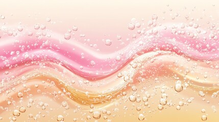Soft pink and gold gradient with translucent water bubbles and glowing light flares
