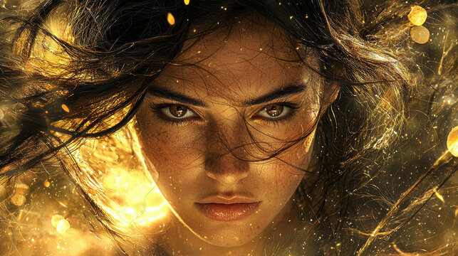 Woman exudes confidence with flowing hair in golden sunlight amid dynamic wind, showcasing a cinematic and captivating expression