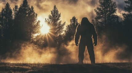 Fototapeta premium A ghoul's horror hidden amidst the forest's ancient tales, a werewolf silhouette filling the foggy night with fear and dread