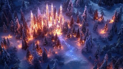 Fototapeta premium Enchanting fairytale castle nestled amidst a snowy winter wonderland with towering mountains a frozen forest and a mystical otherworldly ambiance A captivating