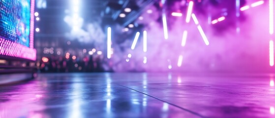 Neon lights concert floor; smoky stage, crowd blurred.  Event background.