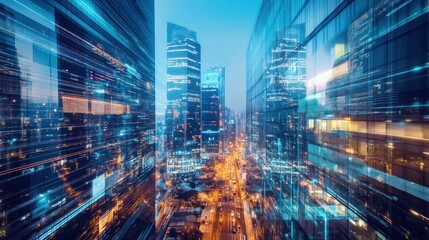 Futuristic Cityscape:  Night Lights and Digital Overlay on Skyscrapers