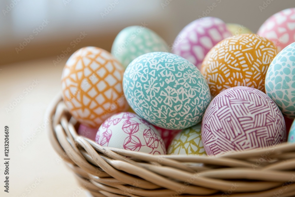 Poster Basket full of colorful eggs with different patterns and designs
