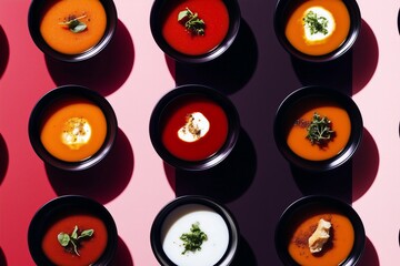 Soup it foreward day March 3, bold and moody color-block pattern featuring soup served in glazed ceramic bowls, arranged in a precise grid