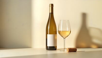 White wine bottle and glass sit on table. Cork rests beside them. Soft daylight casts subtle shadows. Minimalist style. Elegance and sophistication. Perfect for tasting or celebration. Luxury concept.