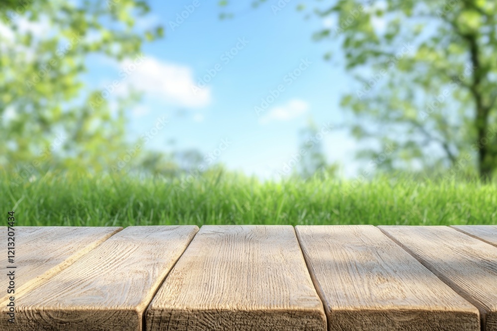 Poster wooden table with a view of a grassy field and trees