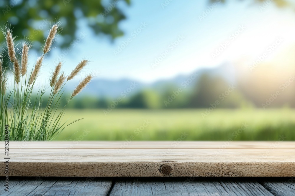 Poster wooden table with a view of a field of grass and mountains in the background