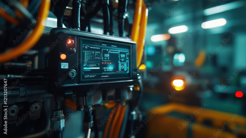 Poster futuristic control panel featuring a digital display with various parameters and data visualizations