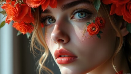 Naklejka premium Realistic red rose-inspired experimental makeup with golden glitter, vibrant and artistic design.