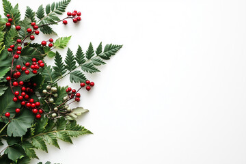 Clean white flat lay wallpaper with blank empty space for custom text with green leaves of ferns and other forest plants and red cranberries or rowan berries