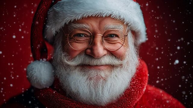 Santa Claus potrait  smiling in a traditional red costume and hat while snowflakes slowly falling.
