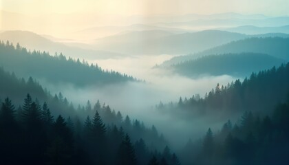 Obraz premium Dense forest shrouded in morning mist. Misty rolling fog through hilly terrain. Mysterious, tranquil ambiance. Misty morning in mountain forest. Calm, quiet scenery. Nature landscape. Foggy weather.