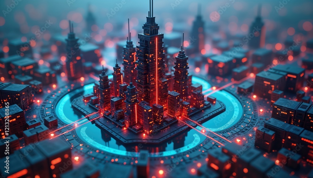 Fototapete futuristic city built on tech surface. skyscrapers illuminate. network of data streams. advanced ai 