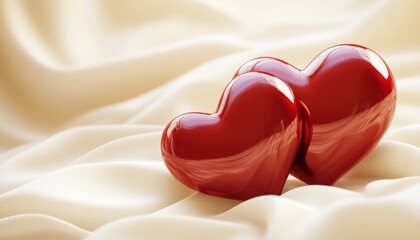 Two Shiny Red Hearts Resting on Elegant Beige Silk Fabric